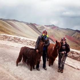 Montaña 7 Colores -Foto de 02 viajeros con sus alpacas